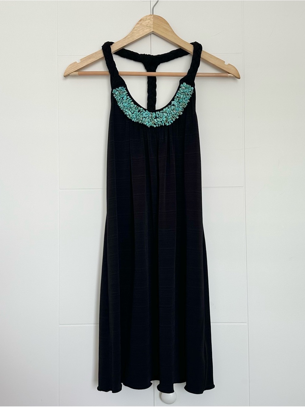 Black Mini Dress with Turquoise Beaded Neckline